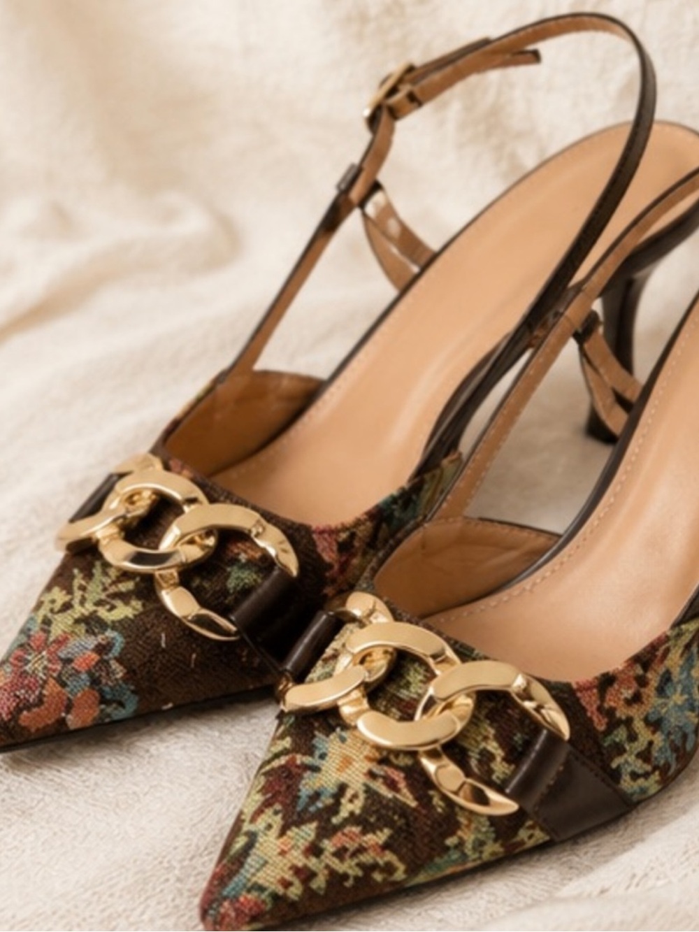Boho Tapestry Jacquard Slingback Heels Gold Chain Pointed Toe